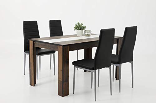 Hela Tische, 5-teilige Essgruppe Helene, Tisch melaminbeschichtet 140x80cm Oldwood+Wendeplatte und 4x Stuhl Kunstleder Schwarz, Metallgestell alufarbig