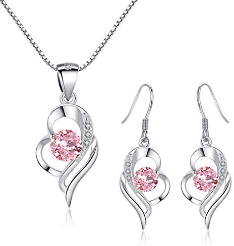 Kamise Schmuck Set Silber, 925 Sterling Silber Kette & Hängend Ohrringe | Herz, Zirkonia, Hypoallergen, Schlafen, Geburtstag Valentinstag, für Frauen Freundin, Schmuck, Geschenk, Romantic, 45cm
