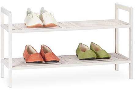 Relaxdays Schuhregal stapelbar, Schuhablage mit 2 Etagen, Walnuss, weiß | Landhaus, bis zu 6 Paar Schuhe, HBT 41x69x27 cm