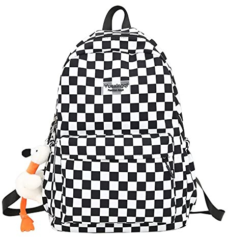 Sac à dos à motif damier tendance en plein air, voyage, étudiants, sac à bandoulière léger, noir, Medium, Sacs à dos traditionnels