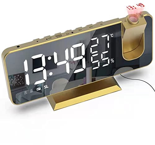 MJZYP Despertador Proyector, Relojes Electrónicos con Espejo LED con Proyección en La Pared del Techo, Proyector de 180°, Reloj Despertador Digital con Pantalla LED Y Atenuador Gold