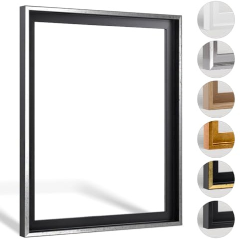 Haak Schattenfugenrahmen Levi in Schwarz Silber gebürstet 40 X 40 cm für Keilrahmenbilder und Leinwände Glanz Edition