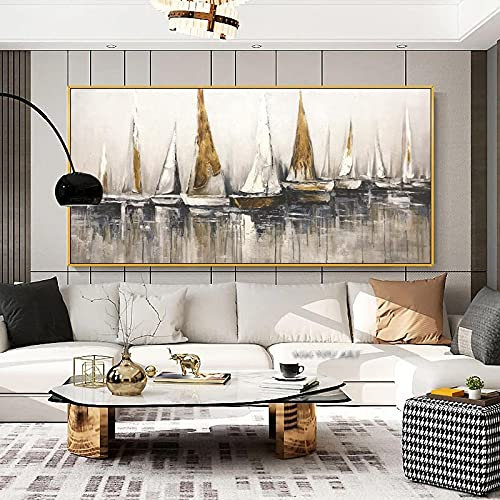 Goldenes Segelboot-Ölgemälde auf Leinwand, große Wandkunst für Wohnzimmer, Boot, Schiff, Bilder auf Leinwand, modern, mit goldenem Rahmen, Wohnkultur, 100 x 200 cm/(39 x 78 Zoll) mit goldenem Rahmen