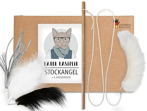 Kater Kasimir Katzenangel Set (4 tauschbare Anhänger), Spielangel für Katzen. Die Angel besteht aus Holz, ist lang und stabil