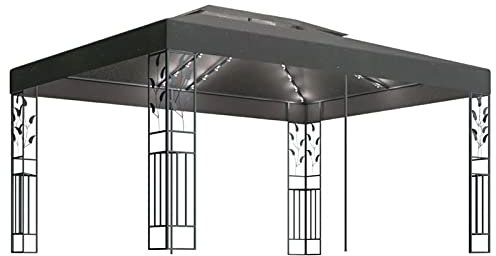 Homgoday Pavillon mit Doppeldach & LED-Lichterkette, 3 x 4 m, Anthrazit, Outdoor-Gartenunterstand für Terrassen, Hinterhof und Rasen, Partyzelt, Festzelt, Baldachin, Eventzelt