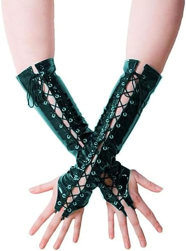 Unisex Lange Fingerlose Handschuhe Handschuhe PVC Schnürung Wetlook Lederhandschuhe Frauen Pole Dance Ellenbogenlange Handschuhe Rot Grün,Dunkelgrün,5XL