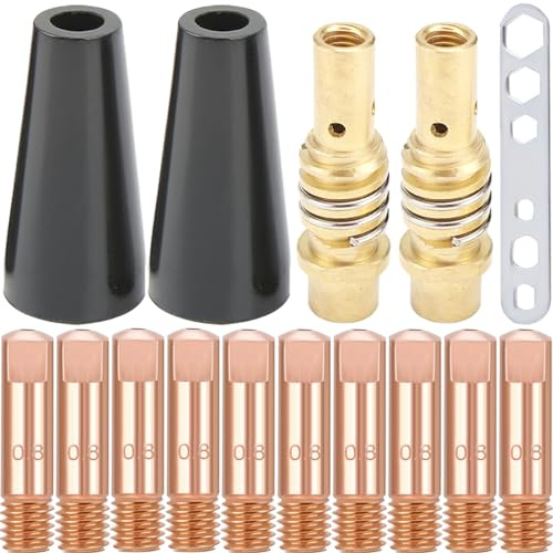 EATBALE 15AK Verschleißteile Set für MIG MAG MB15 15AK Schweißbrenner, 10 x Kontaktspitze 0,8 mm 0,030 M6, 2 x gaslose Flussmitteldüse, 2 x Düsenstiel, 1 x Schraubenschlüssel (15 Stück)