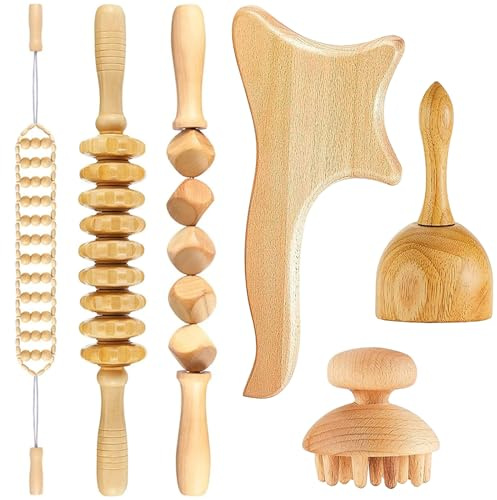 Maderotherapie Set, Set 6 Stück Wood Therapy Tool,Massageroller Faszienrolle Gua Sha Becher Massage Set,Massageroller Holz,Massagegerät Roller Cellulite Lymphdrainage Gerät,Gua Sha Werkzeuge