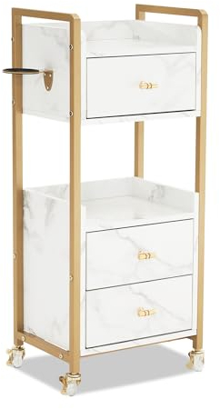 M MCombo Servierwagen mit Rollen & 3 Schubladen, Friseurwagen Rollwagen Weiß-Gold, Salon Trolley mit 2 Ablagen & Föhnhalter, Moderner Arbeitswagen für Bad Wohnzimmer, 30x40x95cm, 0022
