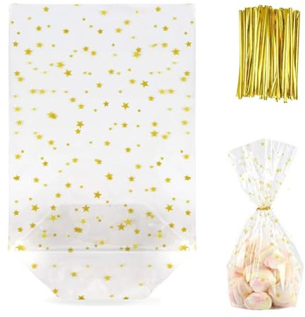 100 Stück Transparente Weihnachten Beutel Set, 13cm x 21cm Cellophantüten Mit Bindebaender, Bodenbeutel für Geschenke, Verpackung, Geburtstagsfeier (Goldene Sterne)