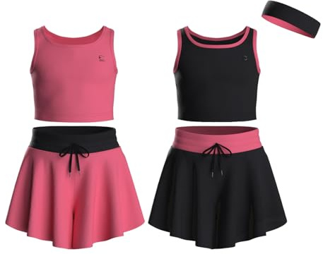 Essenclo Flowy Girls Butterfly Shorts Skirts w/Pockets & Athletic Sleeveless Tank Tops, Dance Tennis Cheer Running (5pc Set)