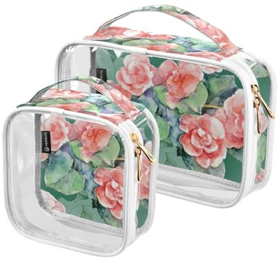 Clear Travel Toiletry Bag, Watercolor Begonia and White Lily 2PCS Portable Waterproof Makeup Bag, Transparent Cosmetic Bag, Travel Storage Pouch