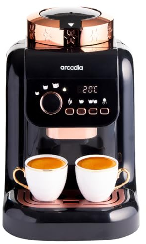 Arcadia Automatic Turkish Coffee Maker, Direct-to-Cup, Digital Control, LED Display, Brewing Temperature Adjustment, Slow Brew Option, 1 or 2 cups, 1L capacity, Auto-Wash, Black, 700W, 3-pin UK Plug