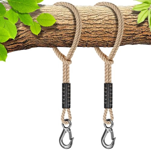 BeneLabel 2er Schaukel Befestigung Seil, 100cm Hängematte Aufhängung Gurt Baum Hängesessel Balkenbefestigung mit Haken für Indoor Outdoor Baumschaukel Nestschaukel, 1134kg/10mm Durchmesser, Natural