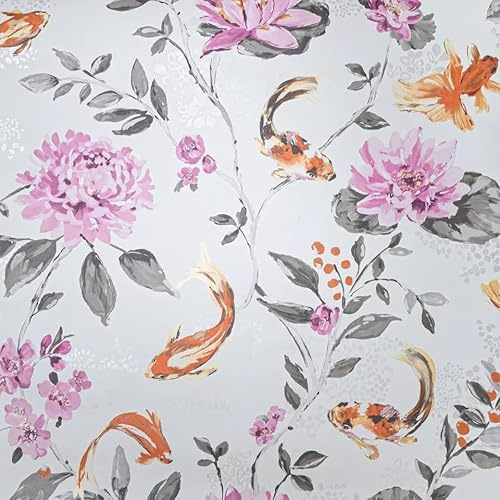 SOPHIE LAURENCE Koi Carp Fish White Pink Floral Wallpaper - Non-Woven Vinyl, 1mm Thick, 10.05m x 0.53m Roll, Washable & Strippable, Metallic Effect, Paste The Wall, Modern Design for Any Room