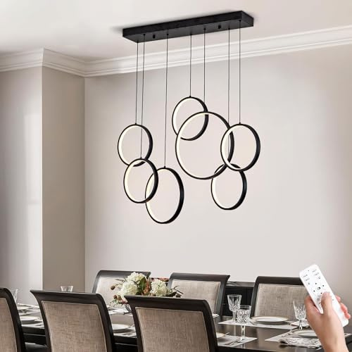 Hängelampe Esstisch Modern Dimmbar LED Geometrie Pendelleuchte 7 Ringe Wohnzimmerlamp Kronleuchter Schlafzimmer Hängeleuchte Schwarz Salon Esszimmer Einfachheit Höhenverstellbar Deckenleuchte 60W