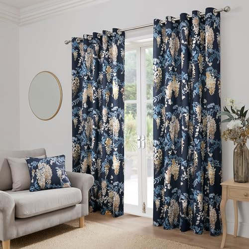 Dreams & Drapes Navy Wisteria Curtains – W66 x L72 (168x183cm) – 2 Panels – Floral Eyelet Drapes in Dark Blue – Silky Flower Print for Bedroom or Living Room – Door Panel Set – Soft Cotton Feel