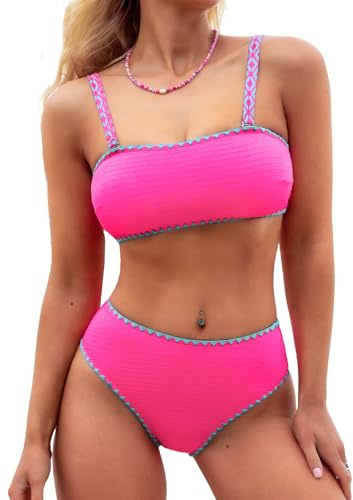 CUPSHE Bikini för kvinnor, kantig urringning, bandeau medium midja, bikini, virkad kant, texturerat badmode, tvådelad baddräkt, baddräkt, magenta, S