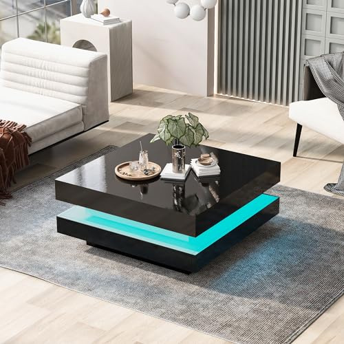 Merax Couchtisch Wohnzimmertisch Schwarz Hochglanz, quadratischer Sofatisch mit LED Beleuchtung, Moderner Kaffeetisch Coffee Table für Wohnzimmer Büro Empfang, Bluetooth-Steuerung, 70x70x36cm