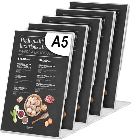 HOSPAOP 5 x Aufsteller A5, Acryl Tischaufsteller Schräg L Ständer Prospektständer Transparent DIN A5 Hoch mit Doppelseitigem Klebeband für Poster Flyer Speisekarten Preisschilder Hochzeiten