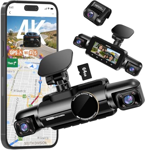 HUPEJOS 4K Dash Cam Front and Rear Inside, 4K+1080P*2 Dash Camera for Cars, 360° 4 Channel 3K+1080P*3 Car Camera, 5GHz Wi-Fi GPS Module, 64GB SD Card, Voice Control, Night Vision, 24H Parking Mode V90