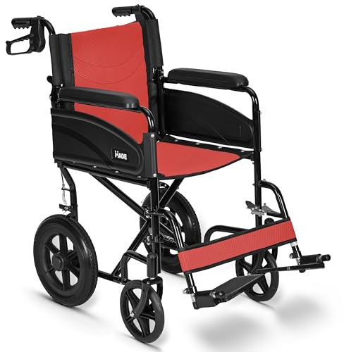 Lightweight Folding Wheelchair - Travel Friendly Foldable Transit Wheel Chair - Adjustable Footrests, Lock Lever Brakes - Red, Wide 20 Seat
