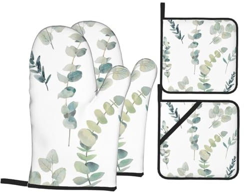 BBEXJIGY Set di 4 presine e presine bianche con superficie in silicone antiscivolo, motivo ramoscelli