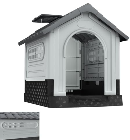 ORHEYA Kunststoff Hundehütte, Hundehöhle mit Tür, Oberlichtern, Lüftungsgitter und erhöhtem Boden, Haustierhaus Unterschlupf, Isoliertes Hundehaus für Draußen und Drinnen, 79,5 x 70,5 x 78 cm