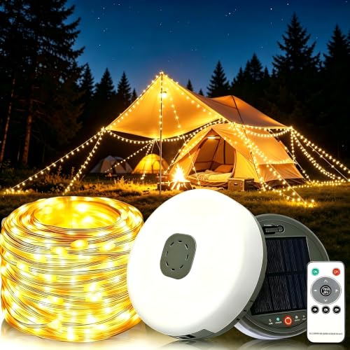Solar Camping Lichterkette Außen, 10M 100LED Camping Lichterkette Aufrollbar mit 8 Modi, Solar/USB Aufladung,IP65 Wasserdichte Campinglampe,Camping Zubehör,Camping licht für Garten, Wandern, Hof Dekor