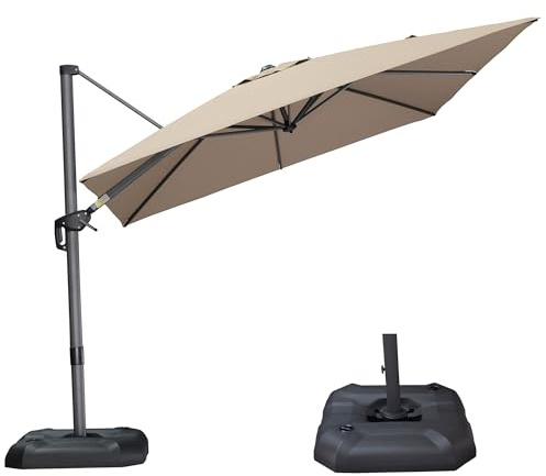 PURPLE LEAF Parasol Déporté 3 x 3 m avec Pied Lestée, Parasol de Jardin Extérieur avec Manivelle, 8 Baleines en Aluminium, Toile 240 g/m² avec Protection UV 50+, Inclinable et Rotative, Taupe