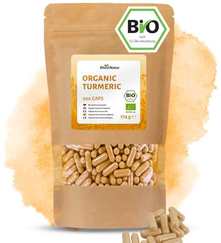 RheinNatur Bio Kurkuma Kapseln 200 Stück - 4500 mg je Tagesdosis - Fein gemahlene Kurkumawurzel in pflanzlicher Kapselhülle, vegan