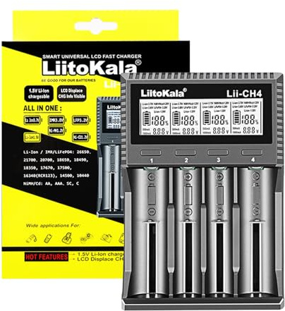 MXJFYY Liitokala LII-CH4 4-Schacht-Akku-Schnellladegerät für 1,5/3,7 V/3,85 V Li-Ionen-Akku und 3,20 V LiFePO4 und 1,2 V NiMH/NiCd-Akkus, 10440,14500,16340 (RC123), 17500,17670,18350,18490,18650, AA