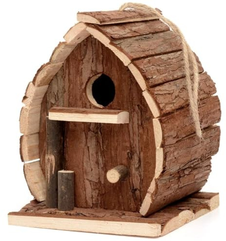 CUCUFA Fågelhus för ute, fågelholk, hängande hus i trä, 5 x 6 x 3 rustikt naturligt trä, hängande fågelholk för trädgård