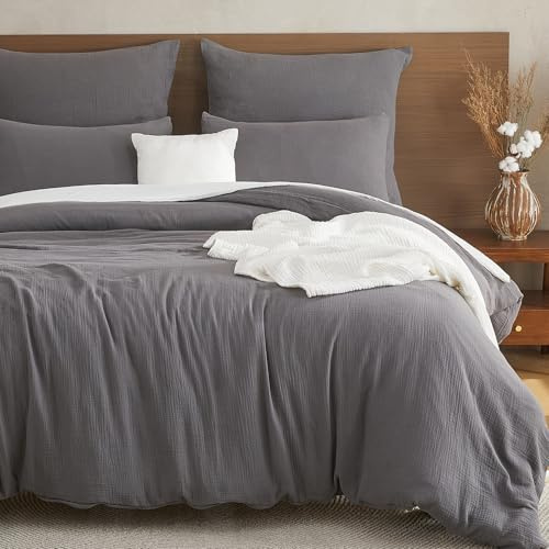 EMME Ropa de cama de muselina, 100 % algodón, ropa de cama de verano, funda nórdica de 200 x 200 cm y 2 fundas de almohada de 80 x 80 cm, color gris, con certificación Oeko-Tex