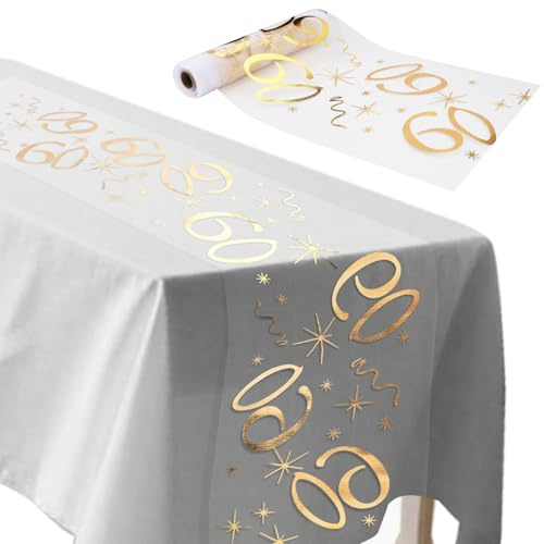 ddckj Tischläufer 60 Geburtstag 28 cm x 10 m Tischdeko Geburtstag Zuschneidbar Tischläufer Gold Männer und Frauen für Geburtstagsparty Jubiläumsfeier