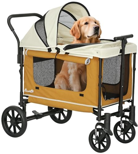 PawHut 2 in 1 Hundewagen Hundebuggy klappbar für Hunde & Katzen bis 30 kg Bollerwagen mit Kissen Netzfenstern 2 Türen Aufbewahrungstasche Katzenwagen Buggy Braun