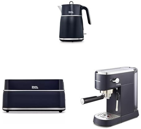 Morphy Richards Signature Kettle, Toaster and Compact Espresso Machine Set, 1.5L Fast Boil Matte Finish Kettle, 2 Slot Variable Browning Toaster, Espresso Maker, Midnight Blue,100703 | 245703 | 172025