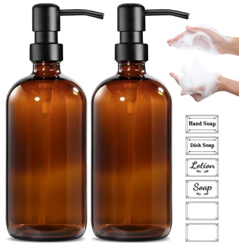 Amber Seifenspender Glas, 500ml Seifenspenders Glas, 2 Stück Seifenspender, Nachfüllbare Glass Pumpflasche, Seifenspender Bad, Vintage Braune Glasflaschen mit Pumpe und Etiketten, für Badezimmer