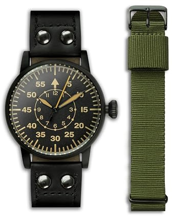 WARTIME | Reloj Militar WWII Luftwaffe Black Edition – Reloj de Piloto Vintage con Movimiento Suizo, Caja de Acero Gun Black, Agujas con Superluminova y dos Correas presentado en una Caja de Munición