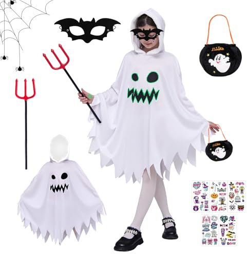 Betensh Vestito Halloween Bambino Fantasma, Costume Fantasma Bambino, Completo di una Raffinata Borsetta, Occhiali Spettrali e Forchette Diaboliche, Perfetto Per i Giochi di Ruolo di Halloween.