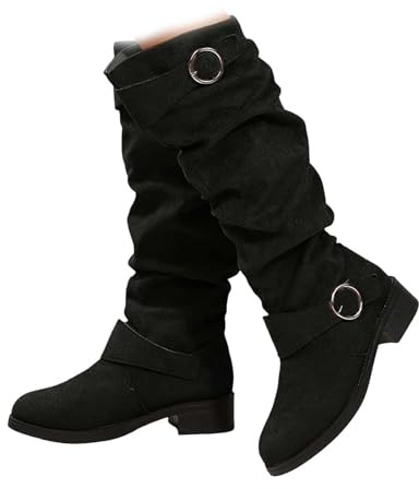 Stivali da donna rugosi al ginocchio con cinghie con fibbia, stivali piatti alti e morbidi da donna, scarpe da combattimento con tacco piatto, Nero , 39 EU
