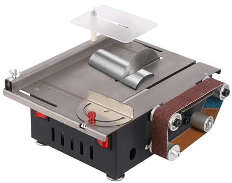 Minisierra de mesa, lijadora de banda circular multifuncional 2 en 1, cortadora de sierra eléctrica de escritorio de 200 W con 4 hojas, velocidad y ángulo ajustables, sierra de mesa de precisión para