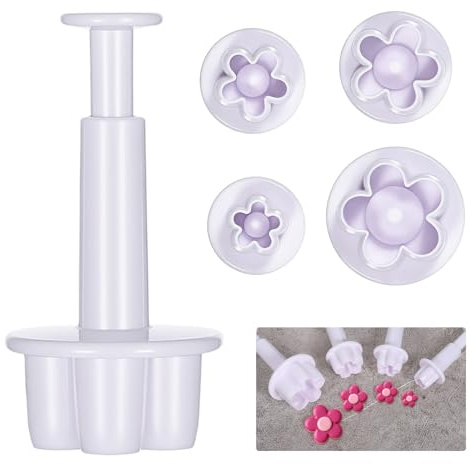 4Pcs White Flower Plunger Cookie Cutters, DIY Blossom Fondant Mold Blossom Cake Decorating Tools Flower Press Mold Plastic Baking Accessories for Cookies, Desserts, Chocolate and Candy Sculpting
