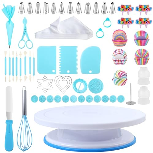 255Pcs Cake Decorating Kit for Beginners, Anti-Slip Turntable with 12 Numbered Icing Nozzles & 50 Piping Bags, Complete Cake Supplies for Home Baking, Birthday & Christmas