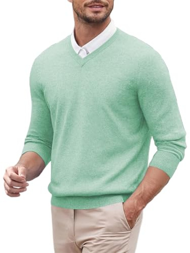 Jersey de punto para hombre, cuello de pico, monocolor, mezcla de cachemira, corte ajustado, jersey de negocios, tiempo libre, cachemira, jersey de punto, manga larga, jersey de invierno, R Verde