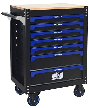 RYH 4/5/6/7 Drawers Rolling Tool Chest -Heavy Duty Mobile Metal Tool Box with Locking Wheels, with Stainless Steel Worktop, Garage Tool Storage Cabinet (Black-Blue, 7-Drawers 39.17 H×26.65 W -2)