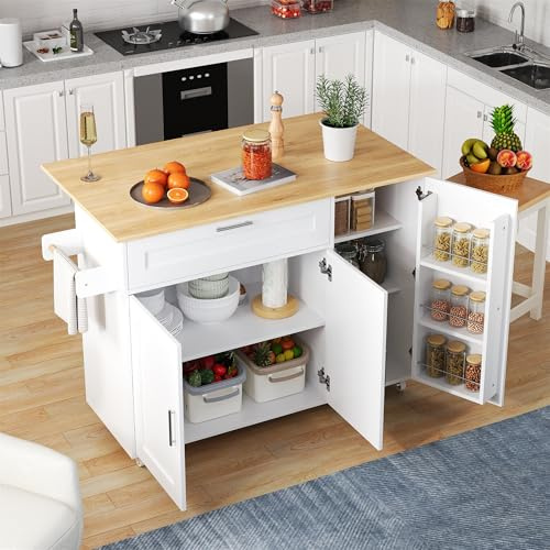 Oxtao Tavolo da cucina con piano di lavoro pieghevole, carrello da portata mobile su ruote, portasciugamani e portaspezie, adatto per cucina/mangiare/casa (bianco-A, 132,5 x 70,5 x 90 cm)