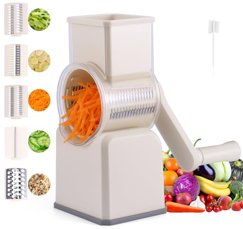 Rallador giratorio de queso y cortador de verduras 5 en 1, rallador manual de alimentos con 5 tambores intercambiables, base antideslizante y cepillo de limpieza, herramienta de cocina beige