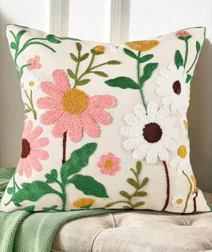 Kokaaee Embroidered Throw Pillow Cover - 18x18 Decorative Pillow Cover with Zipper Aesthetic Cute Design Boho Spring Summer Cozy Throw Pillowcase for Living Room Couch Sofa Bed, Pink White Flower