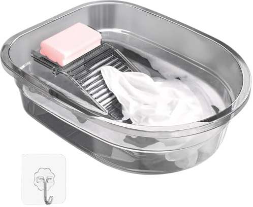 Hand Washing Basin with Washboard, Portable Non-Slip Laundry Tub, Clear Plastic Wash Basin for Small Items, Camping, RV, Outdoor Travel, Hanging Storage & Easy Carry